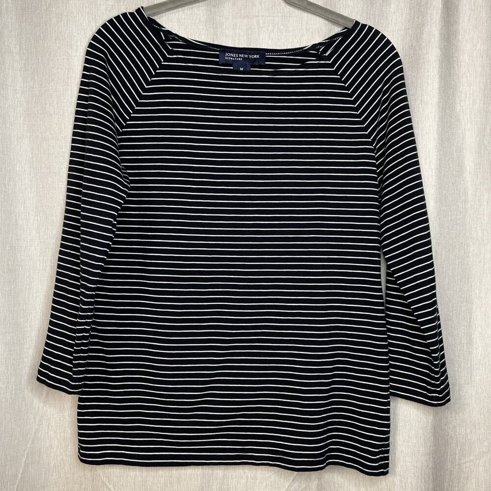 Jones New York Signature Women’s Black & White Striped Top Size Medium - Stretch